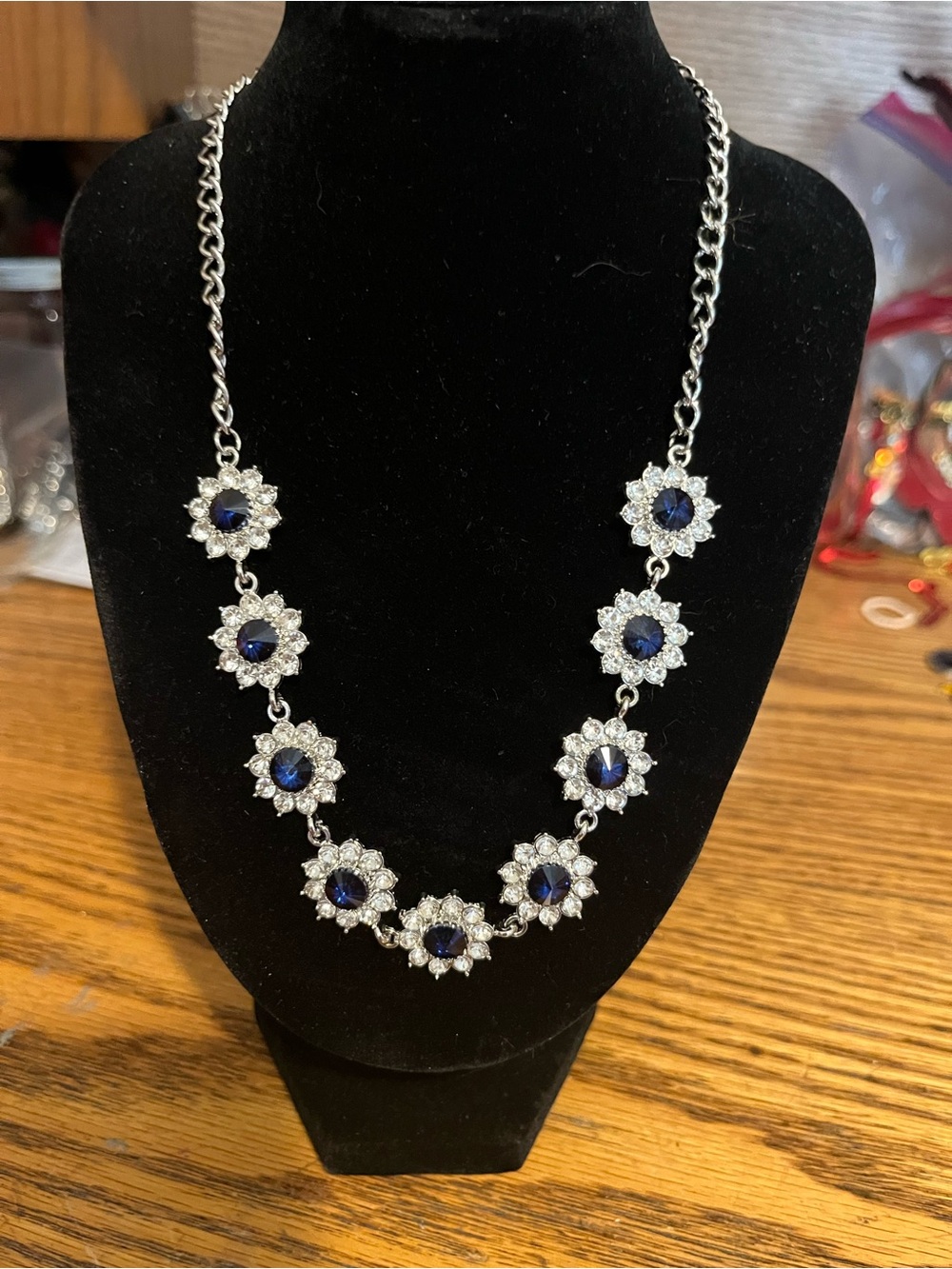 Avon Silver Necklace with Royal Blue Crystal Flowers